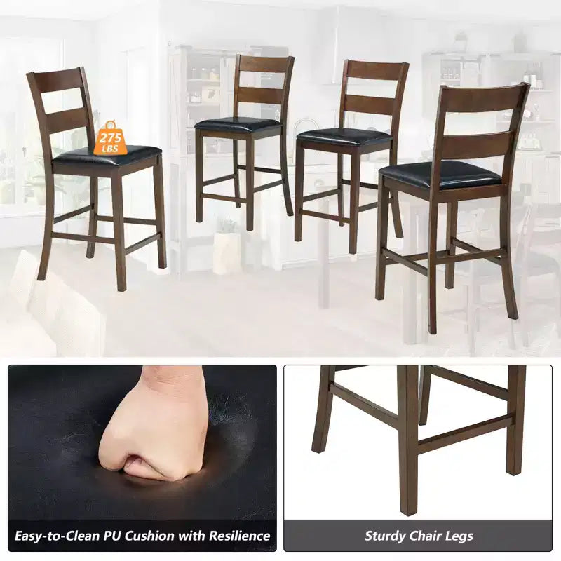 AMERLIFE 5-teiliges Esszimmertisch-Set aus Massivholz, Stühle mit geschwungenen Rückenlehnen und PU-Polsterung, Schwarz/Walnuss