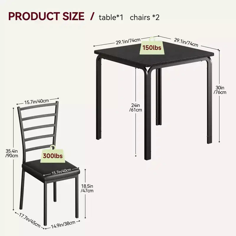 Set da tavolo e sedie da 3 pezzi per piccoli spazi, cucina e sala da pranzo, set moderno da interno per 2 persone, set con tavolo quadrato da pranzo