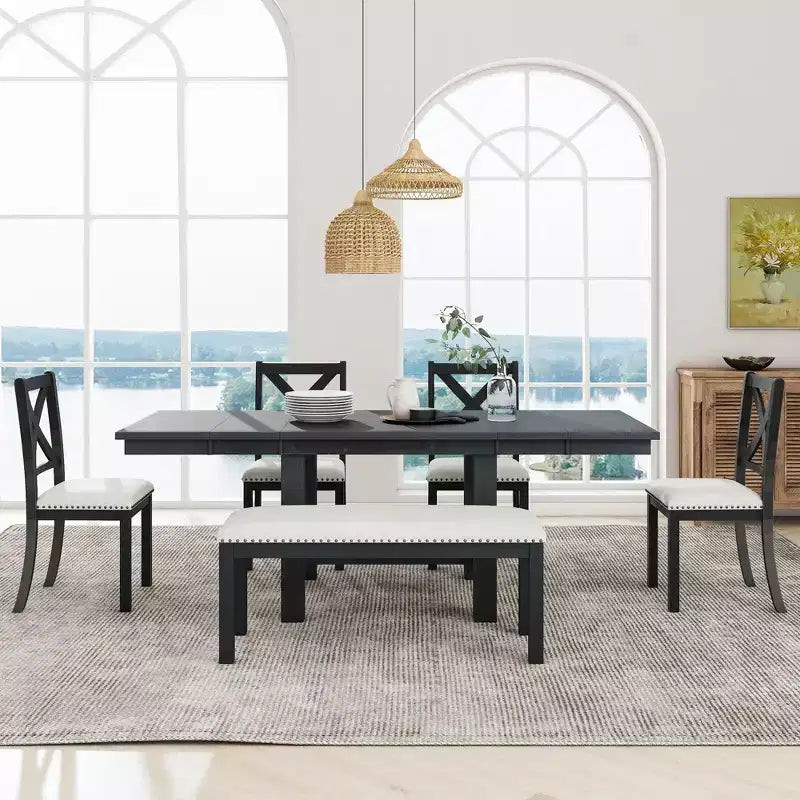 HABITRIO 6-delige uitschuifbare eetkamerset voor 6 personen, landelijke eetkamerset met 4 gestoffeerde eetkamerstoelen, bank en 2 verwijderbare verlengbladen, naturel/zwart