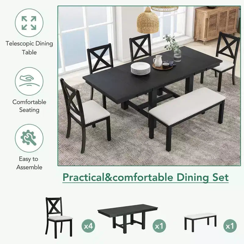 HABITRIO 6-delige uitschuifbare eetkamerset voor 6 personen, landelijke eetkamerset met 4 gestoffeerde eetkamerstoelen, bank en 2 verwijderbare verlengbladen, naturel/zwart