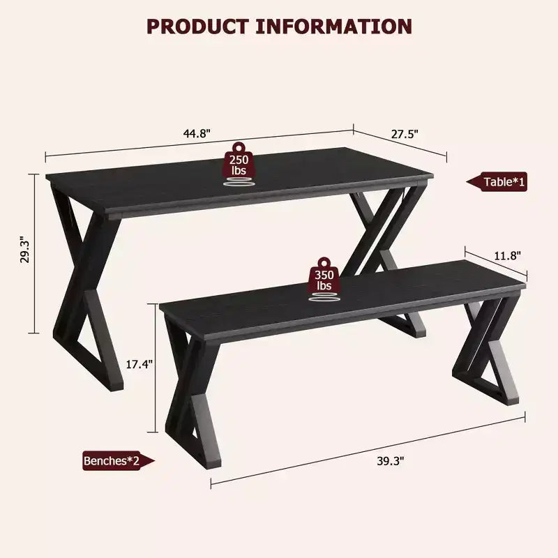 Eetkamertafelset voor 4 personen, keukentafel met stevig metalen frame, rechthoekige eetkamertafelset met 2 banken, ruimtebesparend voor keuken en eetkamer