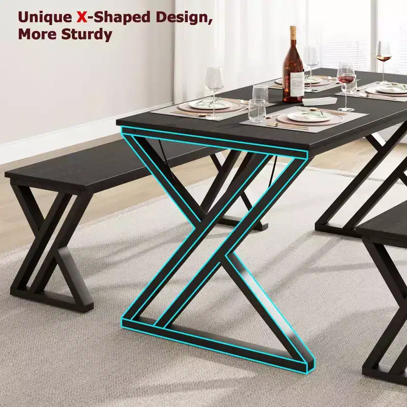 Eetkamertafelset voor 4 personen, keukentafel met stevig metalen frame, rechthoekige eetkamertafelset met 2 banken, ruimtebesparend voor keuken en eetkamer