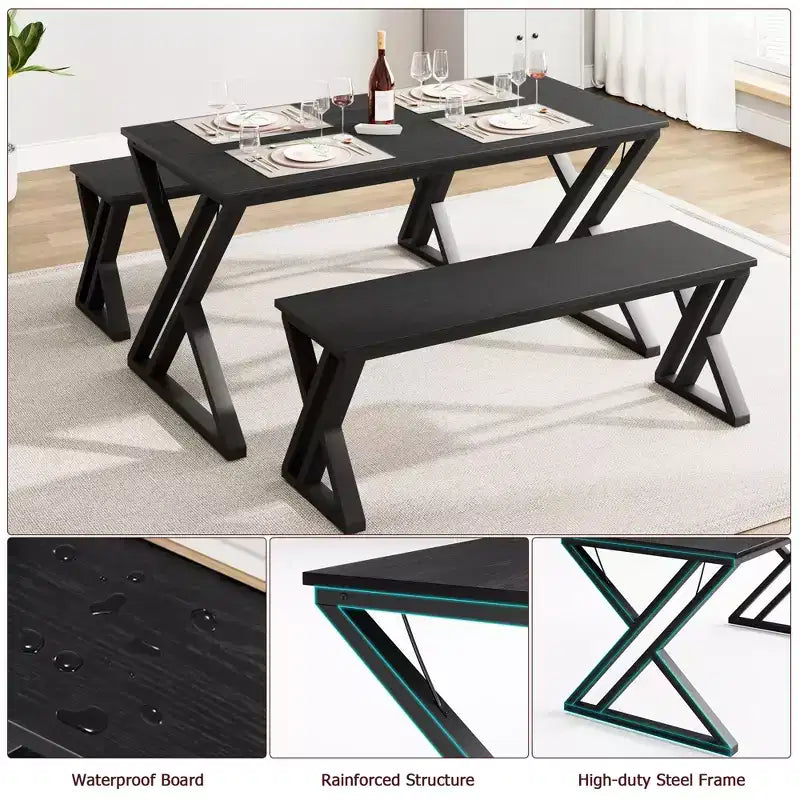 Eetkamertafelset voor 4 personen, keukentafel met stevig metalen frame, rechthoekige eetkamertafelset met 2 banken, ruimtebesparend voor keuken en eetkamer