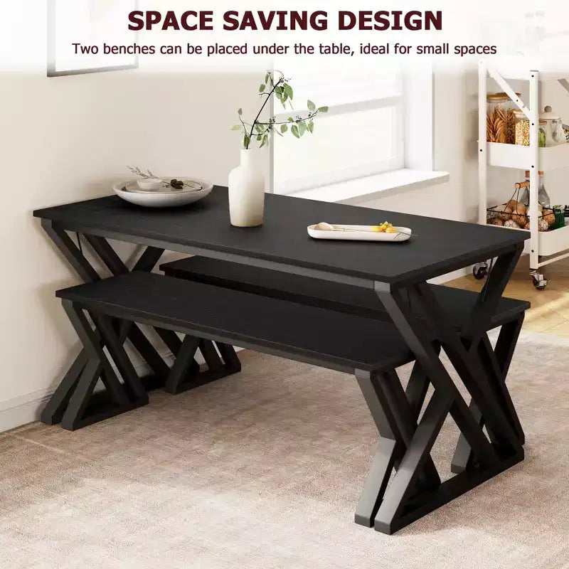 Eetkamertafelset voor 4 personen, keukentafel met stevig metalen frame, rechthoekige eetkamertafelset met 2 banken, ruimtebesparend voor keuken en eetkamer