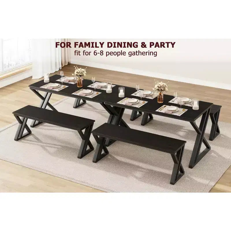 Eetkamertafelset voor 4 personen, keukentafel met stevig metalen frame, rechthoekige eetkamertafelset met 2 banken, ruimtebesparend voor keuken en eetkamer