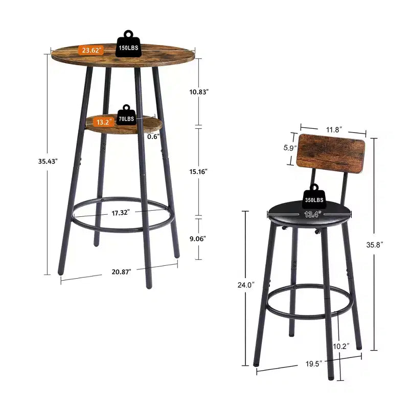 3-teiliges Barhocker-Set für 2 Personen, Esszimmer-Set in Thekenhöhe mit 2 gepolsterten Hockern, Frühstückstisch-Set, Bistro-Esszimmer-Set, rustikal und industriell - ModernLuxe