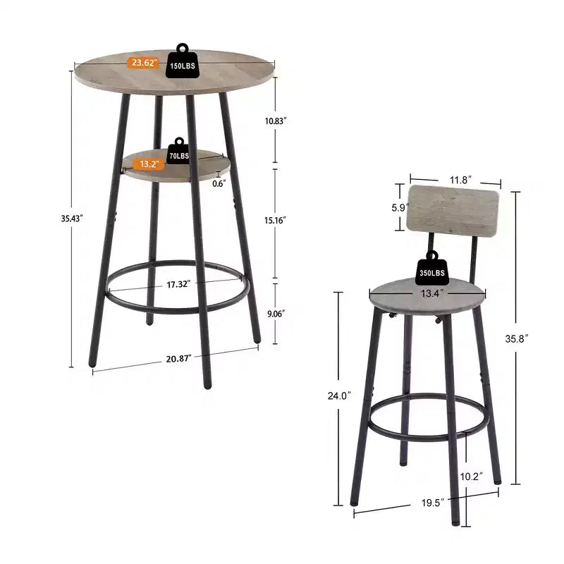 3-teiliges Barhocker-Set für 2 Personen, Esszimmer-Set in Thekenhöhe mit 2 gepolsterten Hockern, Frühstückstisch-Set, Bistro-Esszimmer-Set, rustikal und industriell - ModernLuxe