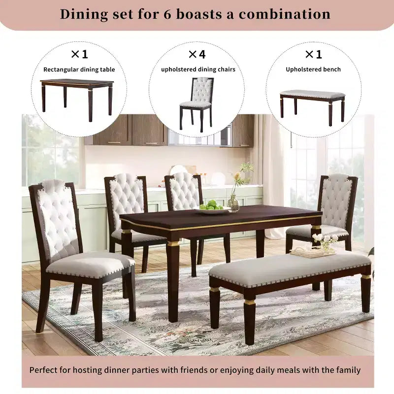 Retro 6-teiliges Küchen-Esszimmer-Set, rechteckiger Holztisch, 4 gepolsterte Stühle mit hoher, getufteter Rückenlehne und 1 Bank