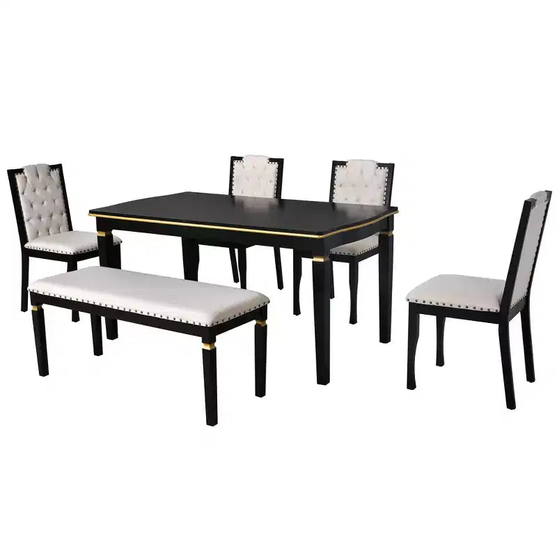 Retro 6-teiliges Küchen-Esszimmer-Set, rechteckiger Holztisch, 4 gepolsterte Stühle mit hoher, getufteter Rückenlehne und 1 Bank