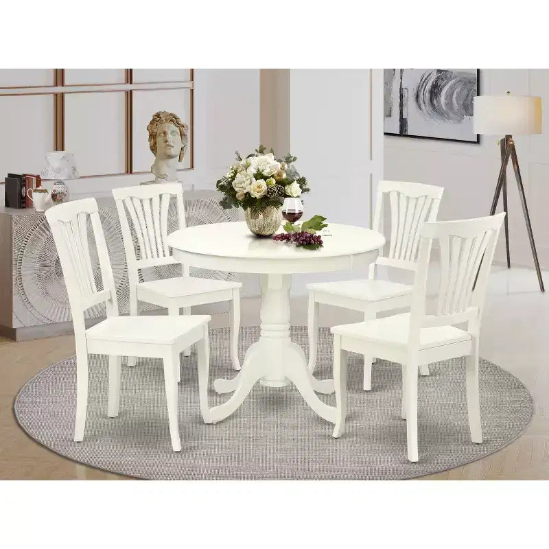 HomeStock Belmont 5PC Round 36 inch Table and 4 vertical slatted Chairs, Linen White