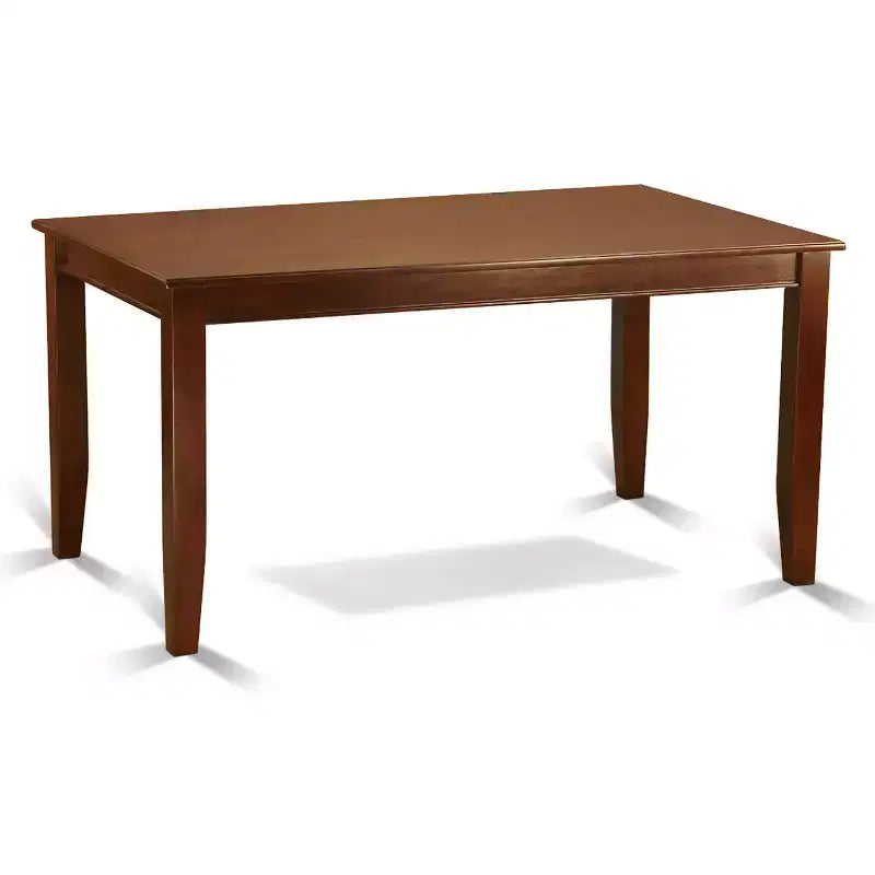 HomeStock Belmont 6-delige eetkamerset met een rechthoekige eettafel, vier Parsons-stoelen met licht fauvekleurige bekleding en een bank - mahoniefinish
