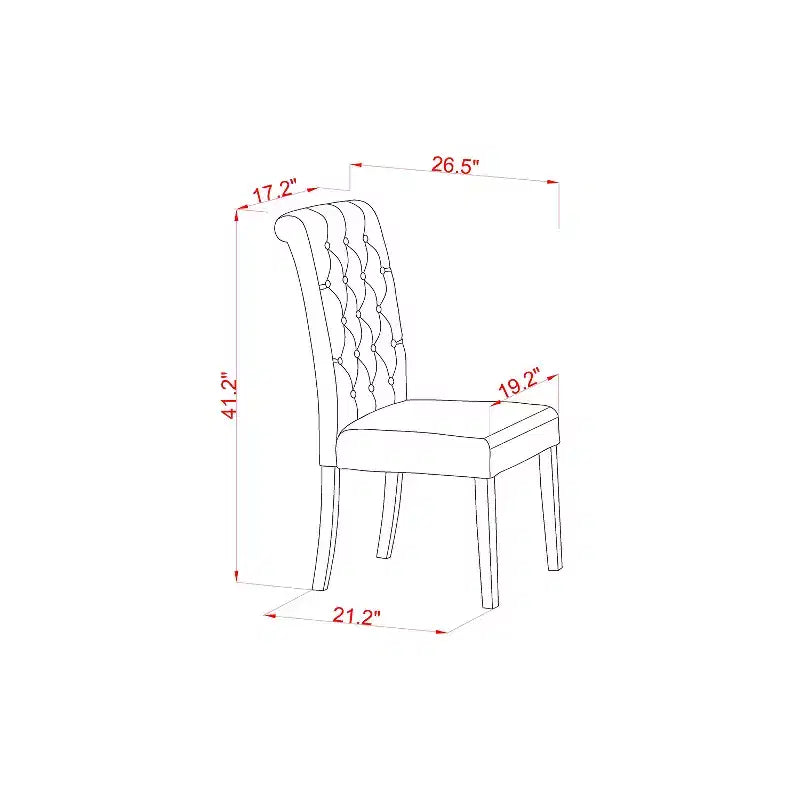 HomeStock Belmont 6-delige eetkamerset met een rechthoekige eettafel, vier Parsons-stoelen met licht fauvekleurige bekleding en een bank - mahoniefinish