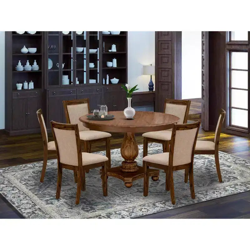 HomeStock Belmont moderne eetkamerset met 7 delen - houten tafel met voetstuk en 6 lichtbruine Parson-eetkamerstoelen met hoge rugleuning - afwerking in antiek walnoot