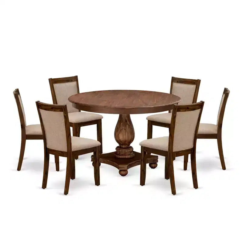HomeStock Belmont moderne eetkamerset met 7 delen - houten tafel met voetstuk en 6 lichtbruine Parson-eetkamerstoelen met hoge rugleuning - afwerking in antiek walnoot