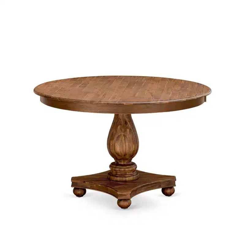 HomeStock Belmont moderne eetkamerset met 7 delen - houten tafel met voetstuk en 6 lichtbruine Parson-eetkamerstoelen met hoge rugleuning - afwerking in antiek walnoot