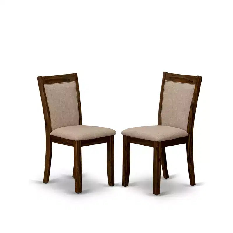 HomeStock Belmont moderne eetkamerset met 7 delen - houten tafel met voetstuk en 6 lichtbruine Parson-eetkamerstoelen met hoge rugleuning - afwerking in antiek walnoot
