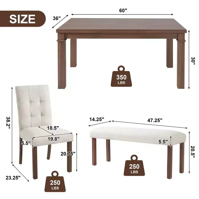 Esszimmertisch-Set aus Holz mit Sitzbank für 6 Personen, 6-teiliges rechteckiges Küchen-Set mit 4 gepolsterten Stühlen für das Esszimmer