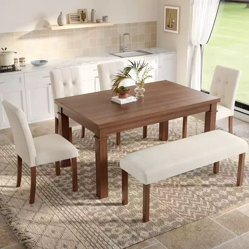 Esszimmertisch-Set aus Holz mit Sitzbank für 6 Personen, 6-teiliges rechteckiges Küchen-Set mit 4 gepolsterten Stühlen für das Esszimmer