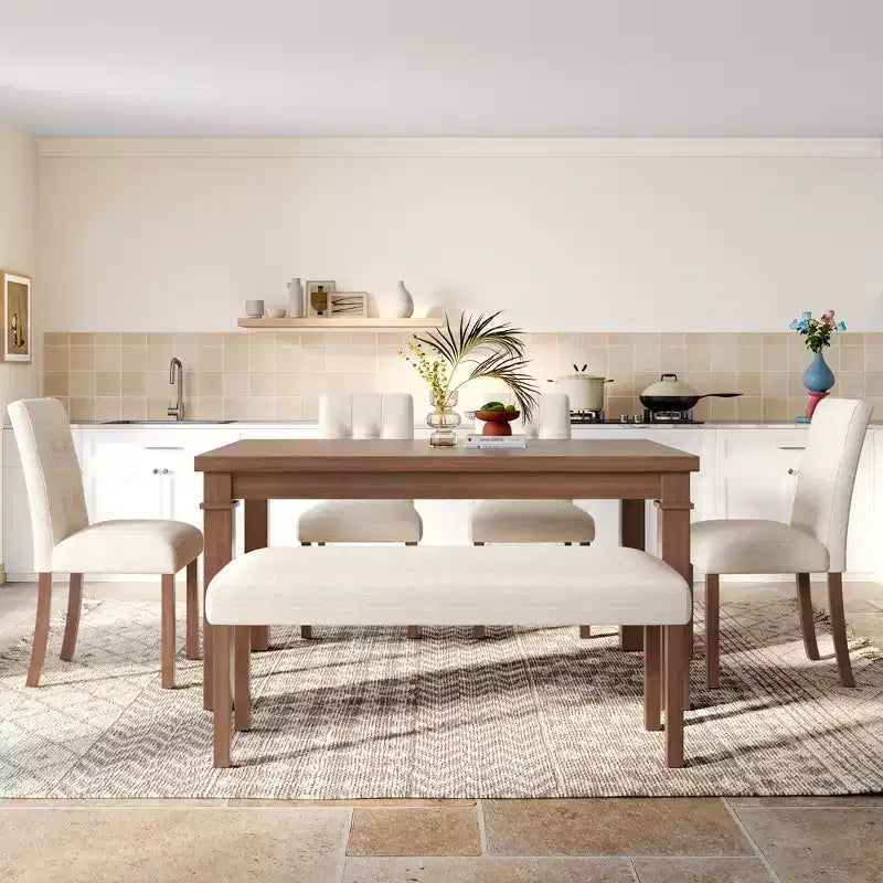 Esszimmertisch-Set aus Holz mit Sitzbank für 6 Personen, 6-teiliges rechteckiges Küchen-Set mit 4 gepolsterten Stühlen für das Esszimmer