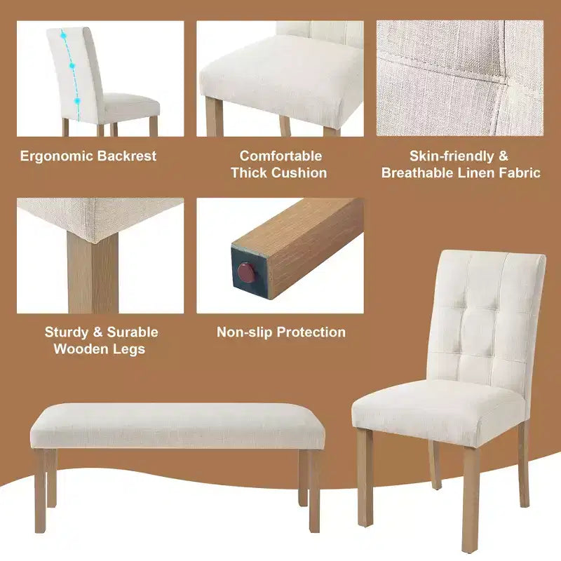 Esszimmertisch-Set aus Holz mit Sitzbank für 6 Personen, 6-teiliges rechteckiges Küchen-Set mit 4 gepolsterten Stühlen für das Esszimmer