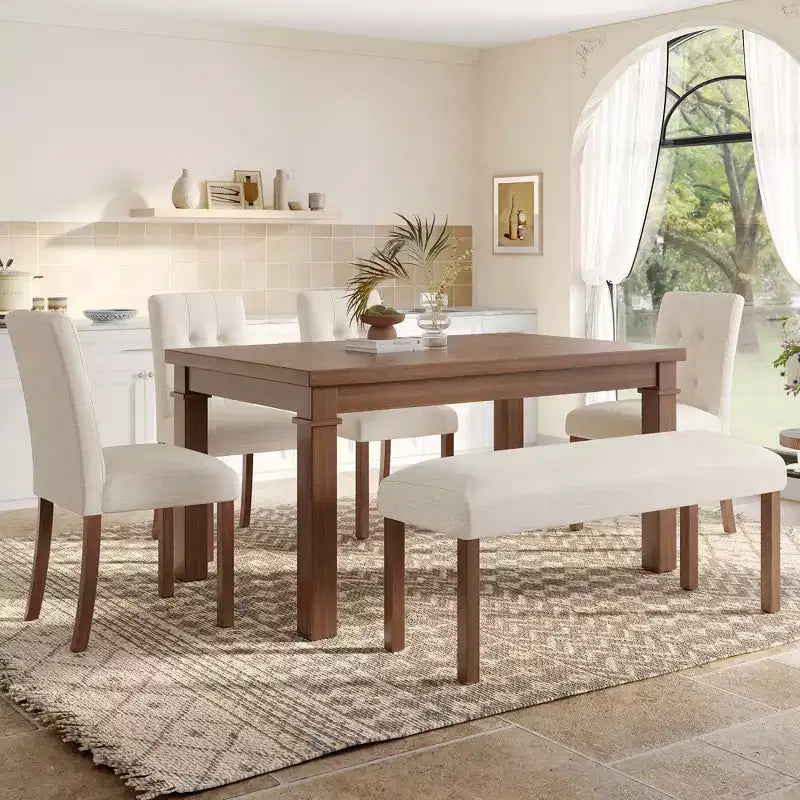 Esszimmertisch-Set aus Holz mit Sitzbank für 6 Personen, 6-teiliges rechteckiges Küchen-Set mit 4 gepolsterten Stühlen für das Esszimmer