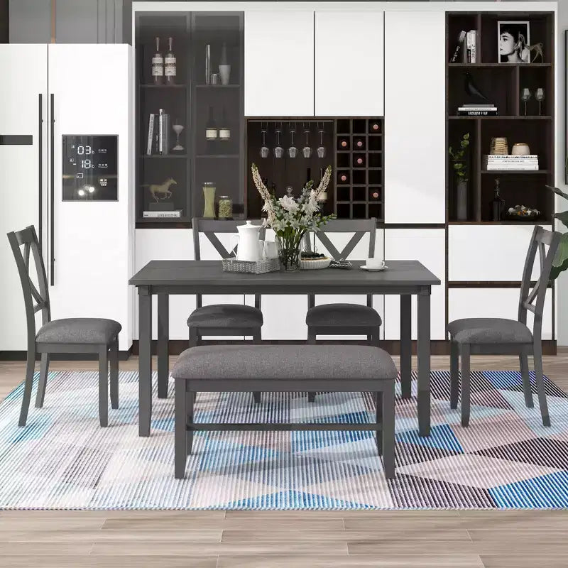 Set da pranzo in stile rustico da 6 pezzi con panca per 6 persone, tavolo rettangolare in legno e 4 sedie imbottite