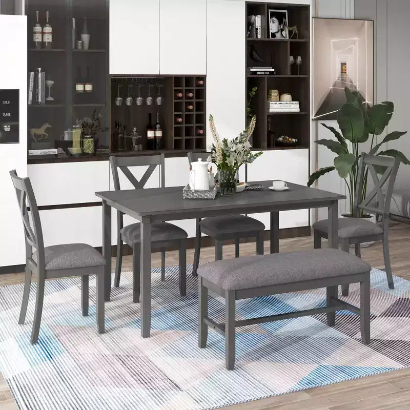Set da pranzo in stile rustico da 6 pezzi con panca per 6 persone, tavolo rettangolare in legno e 4 sedie imbottite