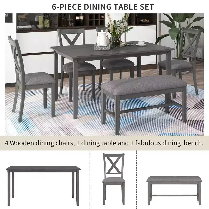 Set da pranzo in stile rustico da 6 pezzi con panca per 6 persone, tavolo rettangolare in legno e 4 sedie imbottite