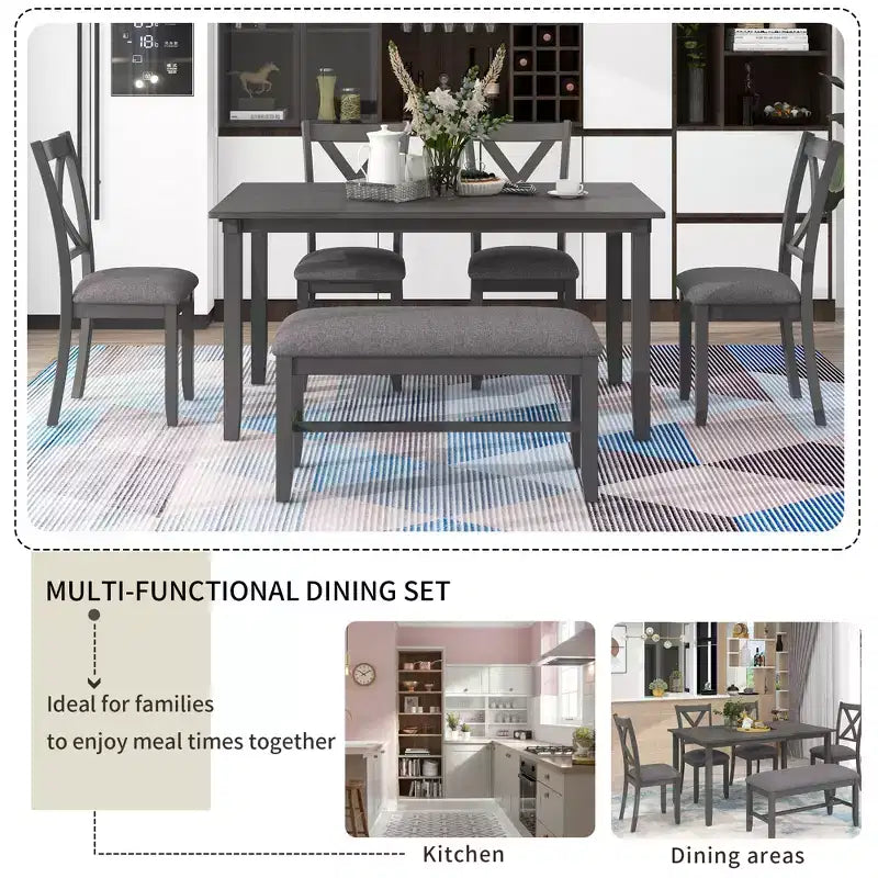 Set da pranzo in stile rustico da 6 pezzi con panca per 6 persone, tavolo rettangolare in legno e 4 sedie imbottite