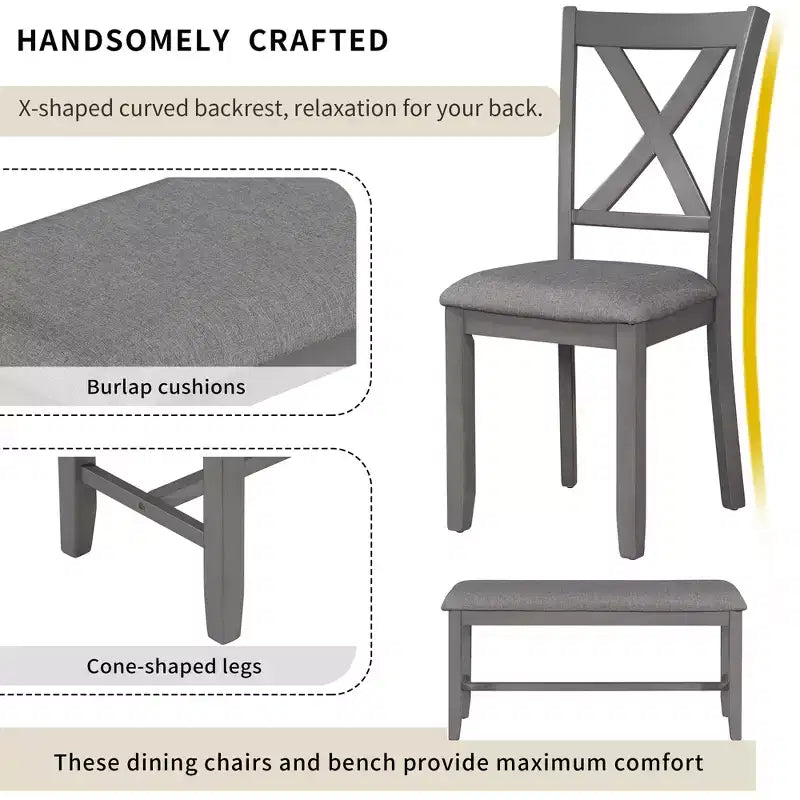 Set da pranzo in stile rustico da 6 pezzi con panca per 6 persone, tavolo rettangolare in legno e 4 sedie imbottite
