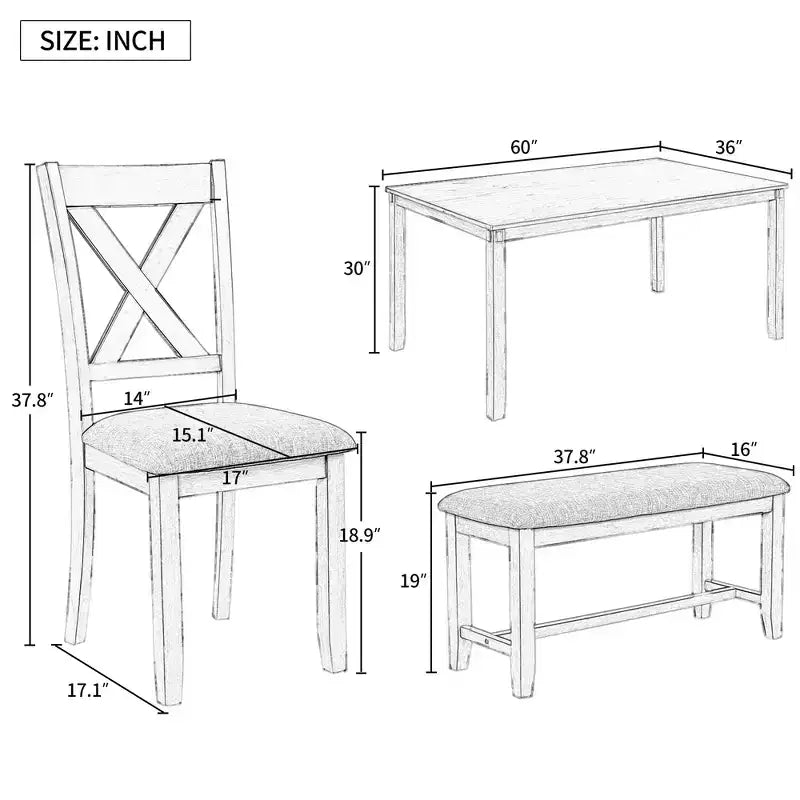 Set da pranzo in stile rustico da 6 pezzi con panca per 6 persone, tavolo rettangolare in legno e 4 sedie imbottite