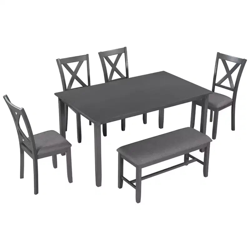 Set da pranzo in stile rustico da 6 pezzi con panca per 6 persone, tavolo rettangolare in legno e 4 sedie imbottite