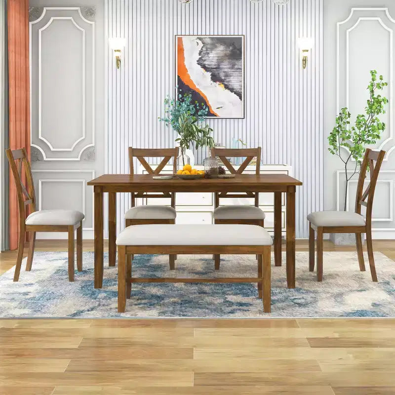 Set da pranzo in stile rustico da 6 pezzi con panca per 6 persone, tavolo rettangolare in legno e 4 sedie imbottite