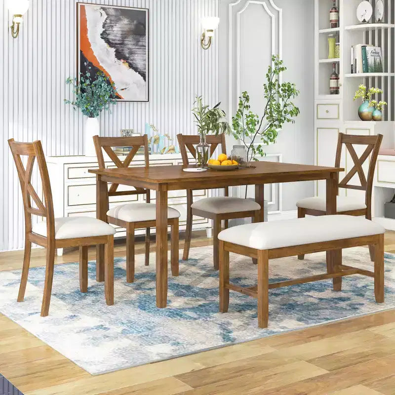 Set da pranzo in stile rustico da 6 pezzi con panca per 6 persone, tavolo rettangolare in legno e 4 sedie imbottite