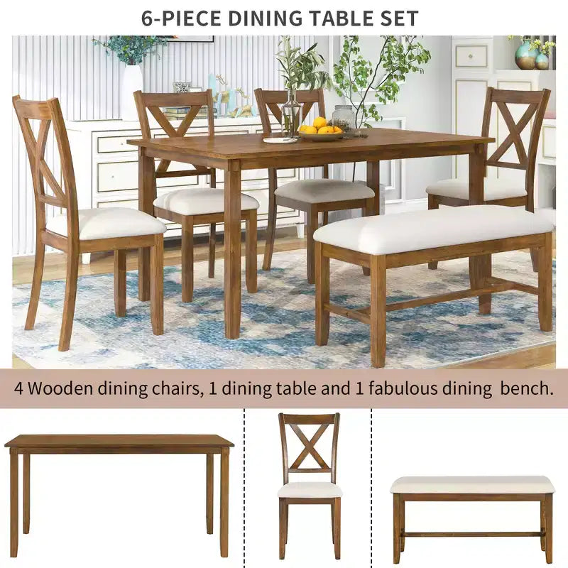 Set da pranzo in stile rustico da 6 pezzi con panca per 6 persone, tavolo rettangolare in legno e 4 sedie imbottite