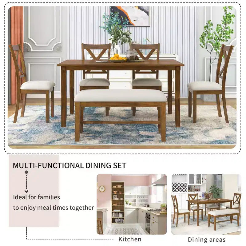 Set da pranzo in stile rustico da 6 pezzi con panca per 6 persone, tavolo rettangolare in legno e 4 sedie imbottite