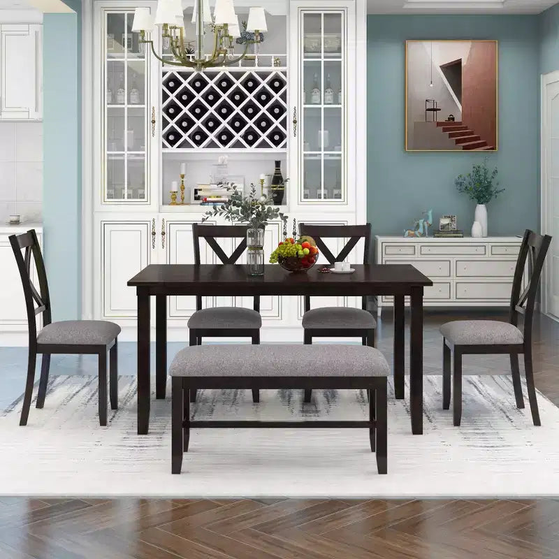 Set da pranzo in stile rustico da 6 pezzi con panca per 6 persone, tavolo rettangolare in legno e 4 sedie imbottite