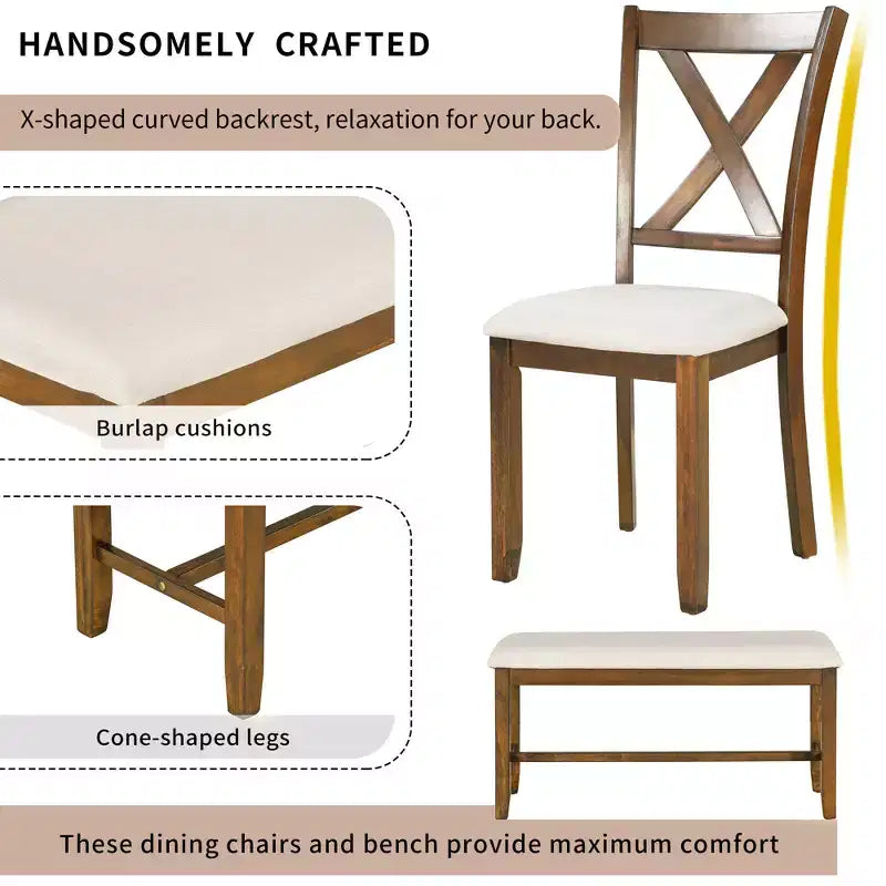 Set da pranzo in stile rustico da 6 pezzi con panca per 6 persone, tavolo rettangolare in legno e 4 sedie imbottite