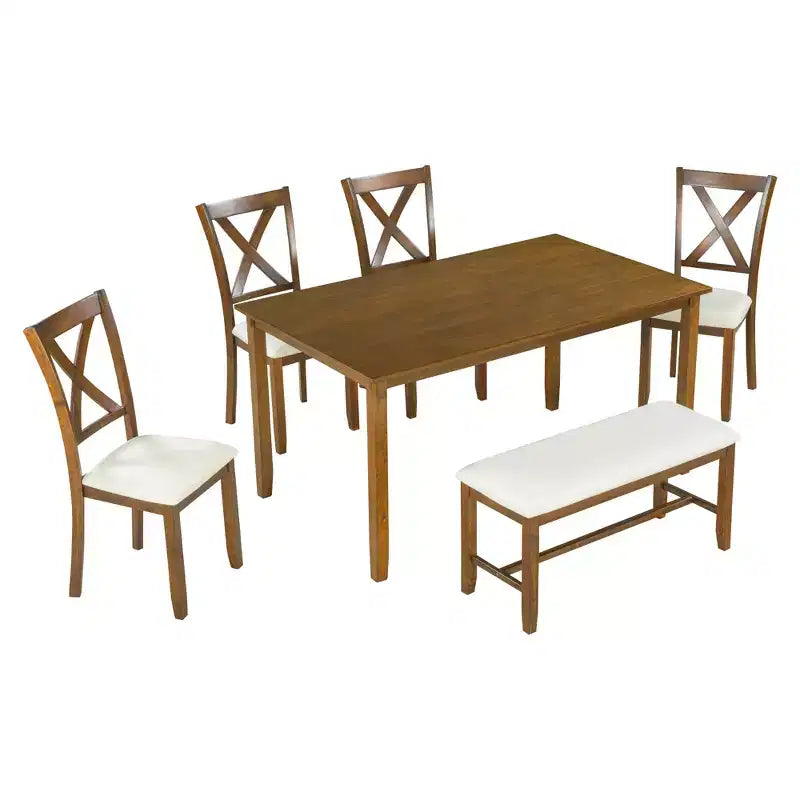Set da pranzo in stile rustico da 6 pezzi con panca per 6 persone, tavolo rettangolare in legno e 4 sedie imbottite