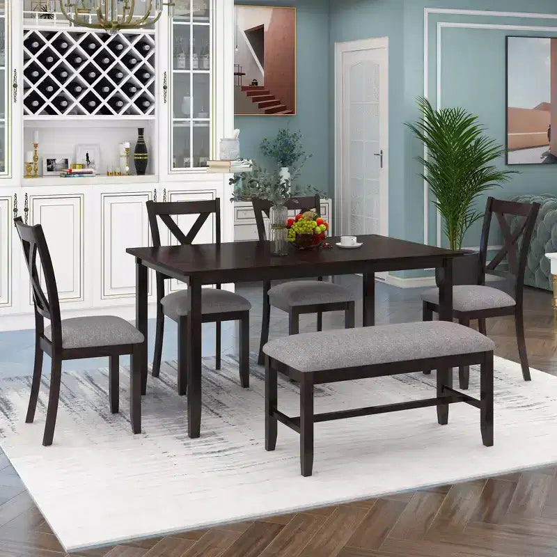 Set da pranzo in stile rustico da 6 pezzi con panca per 6 persone, tavolo rettangolare in legno e 4 sedie imbottite