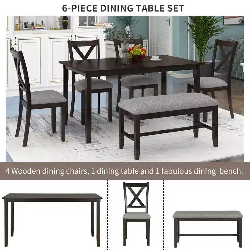 Set da pranzo in stile rustico da 6 pezzi con panca per 6 persone, tavolo rettangolare in legno e 4 sedie imbottite