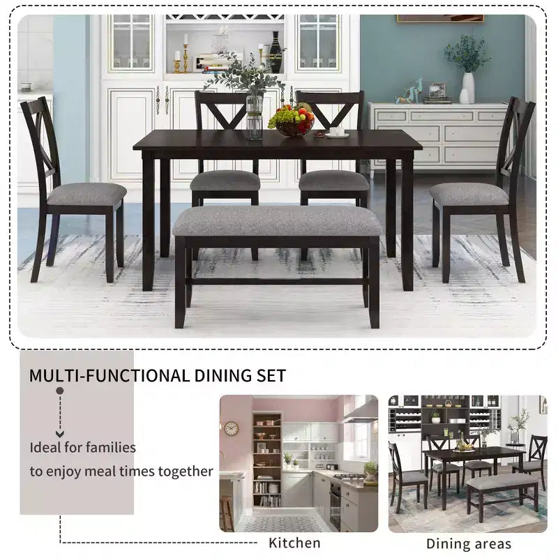 Set da pranzo in stile rustico da 6 pezzi con panca per 6 persone, tavolo rettangolare in legno e 4 sedie imbottite