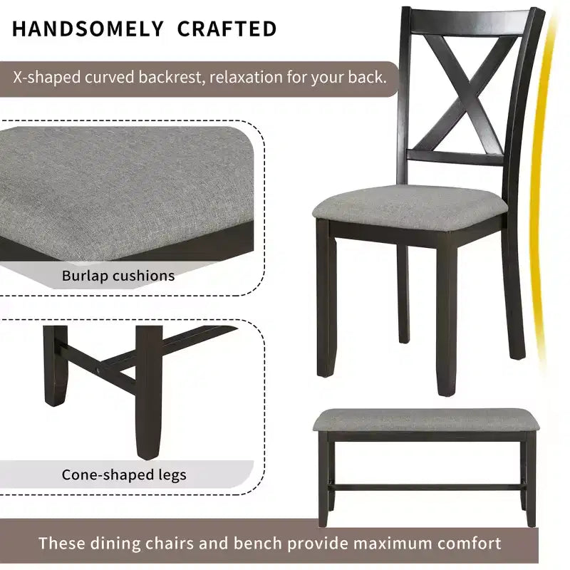 Set da pranzo in stile rustico da 6 pezzi con panca per 6 persone, tavolo rettangolare in legno e 4 sedie imbottite