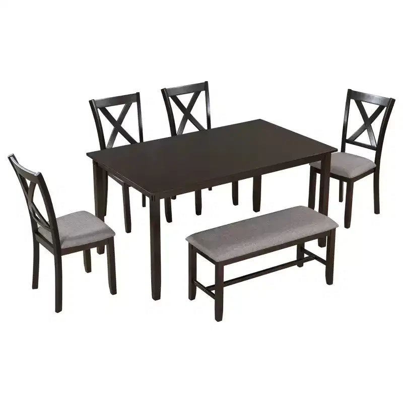 Set da pranzo in stile rustico da 6 pezzi con panca per 6 persone, tavolo rettangolare in legno e 4 sedie imbottite