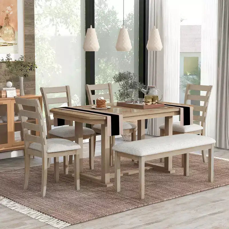 Esszimmertisch-Set für 6 Personen mit Tischplatte in Holzmaserungsoptik, Küchentisch-Set mit Stühlen und Sitzbank