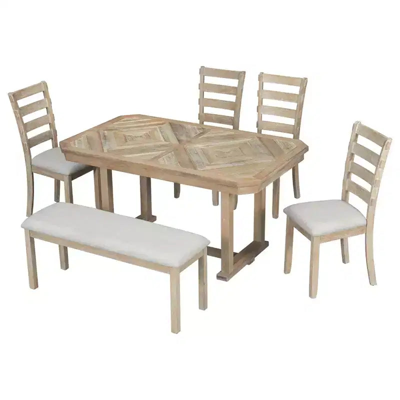 Esszimmertisch-Set für 6 Personen mit Tischplatte in Holzmaserungsoptik, Küchentisch-Set mit Stühlen und Sitzbank