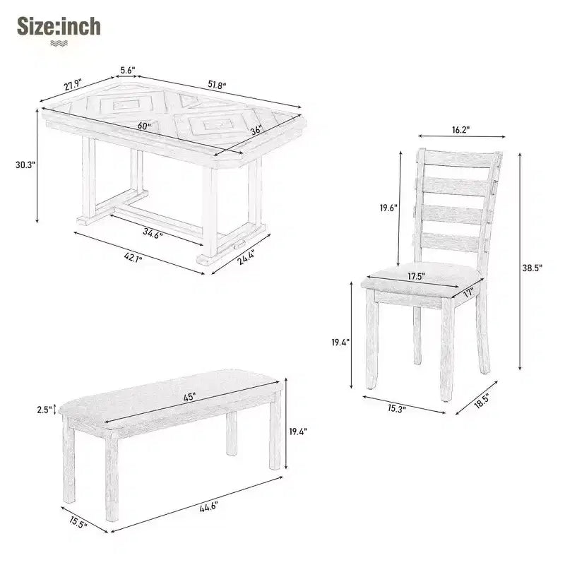 Esszimmertisch-Set für 6 Personen mit Tischplatte in Holzmaserungsoptik, Küchentisch-Set mit Stühlen und Sitzbank