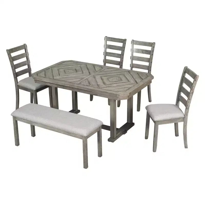 Esszimmertisch-Set für 6 Personen mit Tischplatte in Holzmaserungsoptik, Küchentisch-Set mit Stühlen und Sitzbank