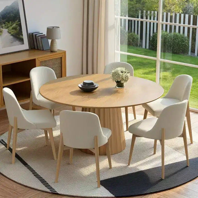 PexFix 52 moderne ronde eetkamertafelset met 8 gestoffeerde stoelen, natuurlijk getextureerd houten blad, geplooide voet, beige zittingen voor keuken en eetkamer