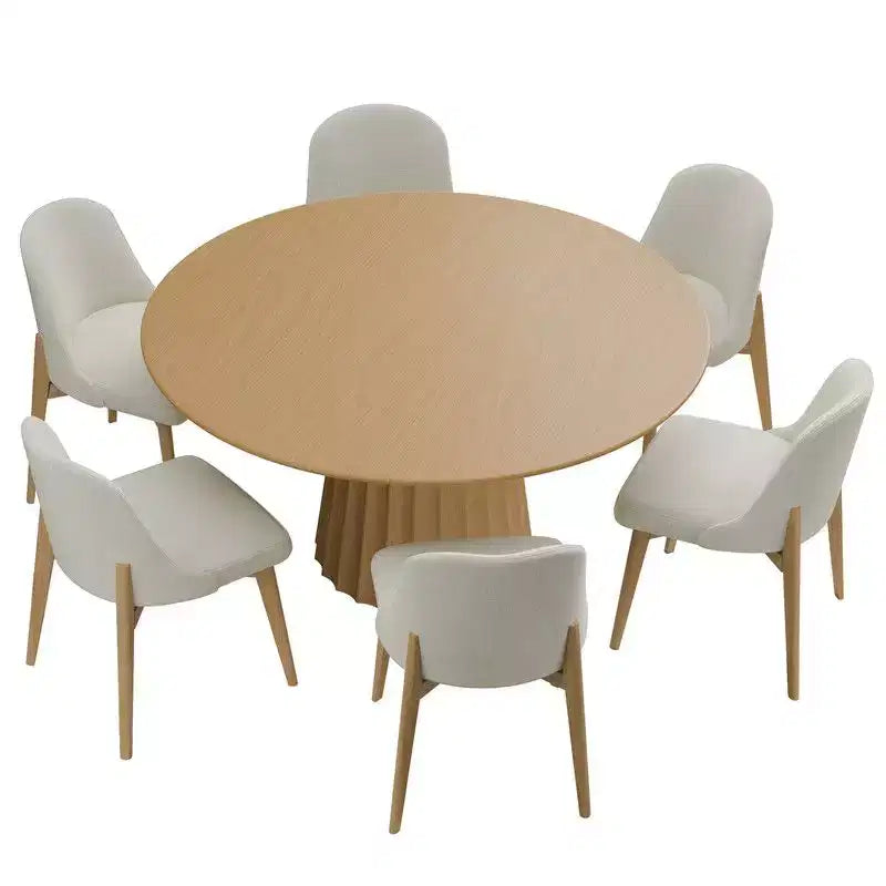 PexFix 52 moderne ronde eetkamertafelset met 8 gestoffeerde stoelen, natuurlijk getextureerd houten blad, geplooide voet, beige zittingen voor keuken en eetkamer